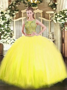 Delicate Two Pieces Quinceanera Gowns Yellow Scoop Tulle Sleeveless Floor Length Lace Up