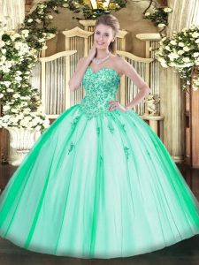 Spectacular Sleeveless Floor Length Appliques Lace Up Military Ball Gowns with Turquoise