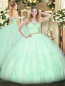Custom Made Scoop Sleeveless Sweet 16 Quinceanera Dress Floor Length Lace and Ruffles Apple Green Tulle