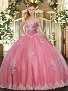 Adorable Sleeveless Floor Length Beading and Appliques Lace Up Sweet 16 Dress with Watermelon Red