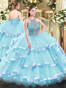 Noble Aqua Blue Sleeveless Floor Length Beading and Ruffled Layers Lace Up Womens Party Dresses