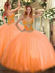 Deluxe Sweetheart Sleeveless Sweet 16 Dress Floor Length Beading Orange Tulle