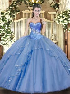 Most Popular Aqua Blue Ball Gowns Sweetheart Sleeveless Tulle Floor Length Lace Up Beading and Ruffles Quinceanera Dresses