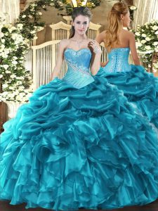 Dramatic Sleeveless Floor Length Beading and Ruffles and Pick Ups Lace Up Vestidos de Quinceanera with Teal