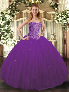 Stunning Purple Sleeveless Floor Length Beading Lace Up 15th Birthday Dress