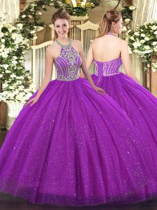 Modest Fuchsia Halter Top Lace Up Beading Quinceanera Gowns Sleeveless