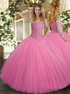 Vintage Floor Length Lace Up Quinceanera Dress Rose Pink for Military Ball and Sweet 16 and Quinceanera with Beading