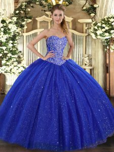 Stylish Beading Quince Ball Gowns Royal Blue Lace Up Sleeveless Floor Length