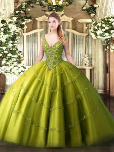 Great Sleeveless Floor Length Beading and Appliques Lace Up Quinceanera Gown with Olive Green