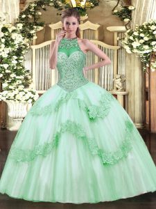 Inexpensive Apple Green Ball Gowns Beading and Appliques Quinceanera Dresses Lace Up Tulle Sleeveless Floor Length