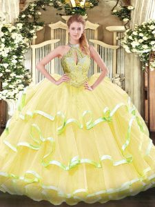 Beading and Ruffled Layers Quinceanera Gown Yellow Lace Up Sleeveless Floor Length