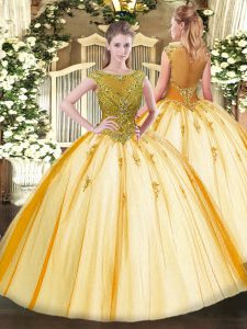 Admirable Gold Ball Gowns Scoop Cap Sleeves Tulle Floor Length Lace Up Beading Quinceanera Gowns