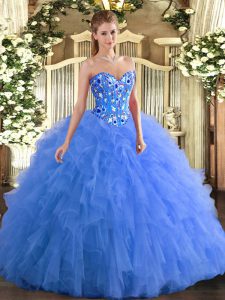 Blue Tulle Lace Up Sweet 16 Dresses Sleeveless Floor Length Embroidery and Ruffles