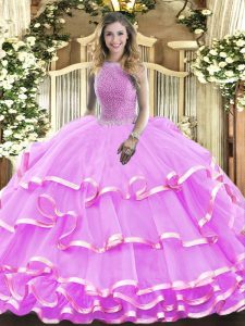 Wonderful Lilac Organza Lace Up High-neck Sleeveless Floor Length Quinceanera Gown Beading and Ruffled Layers