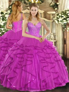 Most Popular Fuchsia Ball Gowns Tulle V-neck Sleeveless Beading and Ruffles Floor Length Lace Up Sweet 16 Dresses