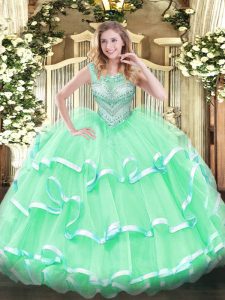 Apple Green Quinceanera Gown Sweet 16 and Quinceanera with Beading and Ruffles Scoop Sleeveless Lace Up