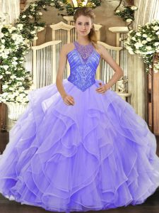 High Quality Floor Length Lace Up Quinceanera Gowns Lavender for Military Ball and Sweet 16 and Quinceanera with Beading and Ruffles