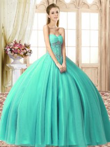 Turquoise Sleeveless Tulle Lace Up Sweet 16 Dress for Military Ball and Sweet 16 and Quinceanera