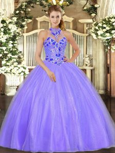 Sexy Ball Gowns Sweet 16 Quinceanera Dress Lavender Halter Top Tulle Sleeveless Floor Length Lace Up