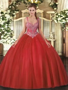 Edgy Coral Red Sleeveless Beading Floor Length Quinceanera Dresses
