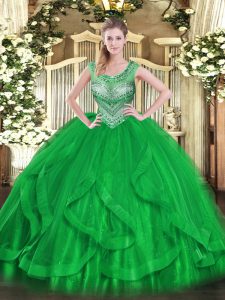 Fitting Green Ball Gowns Beading and Ruffles Quinceanera Gowns Lace Up Tulle Sleeveless Floor Length