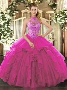 Attractive Fuchsia Sleeveless Floor Length Beading and Ruffles Lace Up 15 Quinceanera Dress