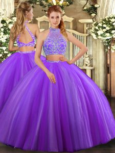 Inexpensive Lavender Halter Top Criss Cross Beading Quinceanera Gowns Sleeveless