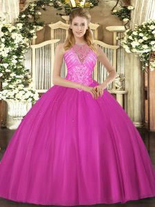 Floor Length Fuchsia Quinceanera Gown High-neck Sleeveless Lace Up