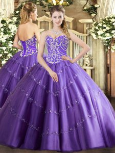 Sleeveless Floor Length Beading and Appliques Lace Up Sweet 16 Dresses with Lavender