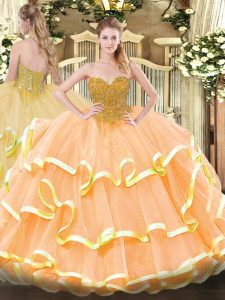 Sleeveless Organza Floor Length Lace Up Vestidos de Quinceanera in Peach with Beading and Ruffled Layers