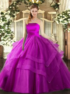 Clearance Tulle Strapless Sleeveless Lace Up Ruffled Layers 15th Birthday Dress in Fuchsia