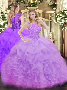 Custom Design Sleeveless Floor Length Beading and Ruffles and Pick Ups Zipper Party Dress for Girls with Lavender