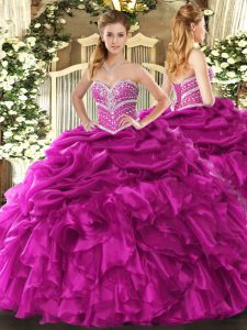 New Arrival Sweetheart Sleeveless Organza Ball Gown Prom Dress Beading and Ruffles and Pick Ups Lace Up