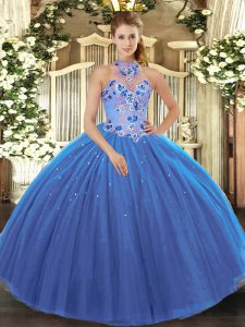 Customized Sleeveless Floor Length Embroidery Lace Up Sweet 16 Dresses with Blue