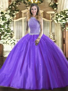High-neck Sleeveless Lace Up Quinceanera Dresses Lavender Tulle