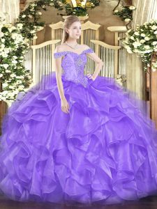 Lavender Off The Shoulder Neckline Beading and Ruffles Quinceanera Gown Sleeveless Lace Up