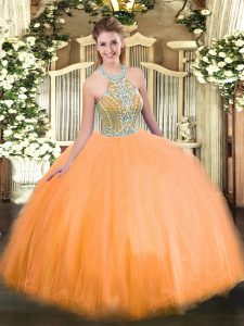 Unique Orange Tulle Lace Up Halter Top Sleeveless Floor Length Sweet 16 Quinceanera Dress Beading