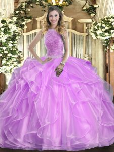 Flare Floor Length Lace Up Sweet 16 Quinceanera Dress Lilac for Military Ball and Sweet 16 and Quinceanera with Beading and Ruffles