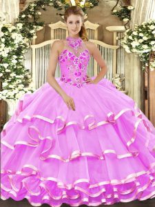 Lilac Ball Gowns Halter Top Sleeveless Organza Floor Length Lace Up Beading and Embroidery Quinceanera Gown