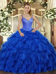 High Quality Floor Length Ball Gowns Sleeveless Royal Blue Quince Ball Gowns Lace Up