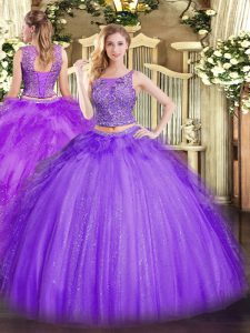 Extravagant Lavender Two Pieces Beading and Ruffles Quinceanera Gown Lace Up Tulle Sleeveless Floor Length