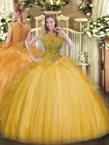 Fashionable Gold Ball Gowns Scoop Sleeveless Tulle Floor Length Zipper Beading and Ruffles Vestidos de Quinceanera