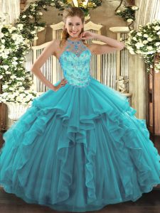 Cheap Teal Halter Top Lace Up Beading and Embroidery and Ruffles 15th Birthday Dress Sleeveless
