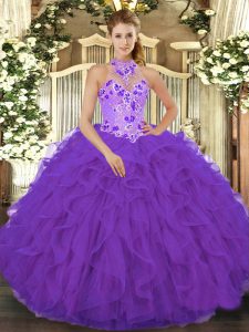 Glittering Purple Sleeveless Organza Lace Up Sweet 16 Quinceanera Dress for Military Ball and Sweet 16 and Quinceanera