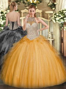 Halter Top Sleeveless Lace Up Sweet 16 Dresses Orange Tulle