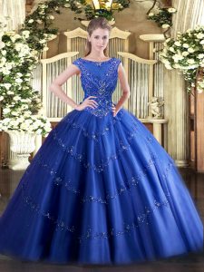 Superior Blue Scoop Zipper Beading and Appliques Quince Ball Gowns Sleeveless