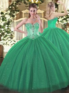 Tulle and Sequined Sweetheart Sleeveless Lace Up Beading Quince Ball Gowns in Turquoise