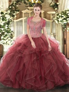 Wonderful Floor Length Clasp Handle 15th Birthday Dress Burgundy for Military Ball and Sweet 16 and Quinceanera with Beading and Ruffled Layers