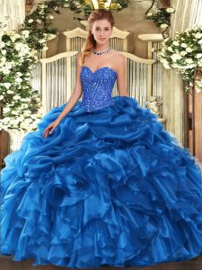 Noble Sweetheart Sleeveless 15 Quinceanera Dress Floor Length Beading and Ruffles and Pick Ups Blue Organza