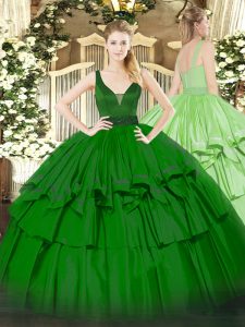 Green Ball Gowns Straps Sleeveless Organza Floor Length Zipper Beading and Ruffled Layers Vestidos de Quinceanera
